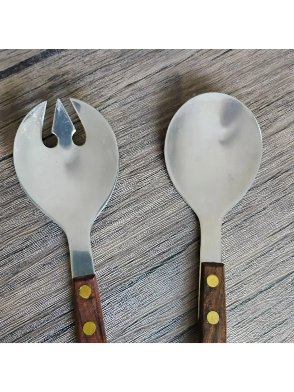 Vintage Salad Serving Set Wood Handle Stainless Steel Japan MCM Mid-Century